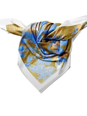 Blue & Gold Floral Silk Scarf by Unknown Brand